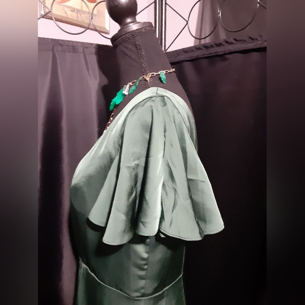 Azazie Olive Green Maxi Dress Poof Sleeves Women's Size 10 Bridesmaid Wedding - Picture 6 of 9